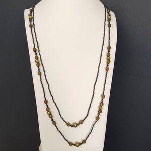 Multi color seed bead and green bead long double strand necklace